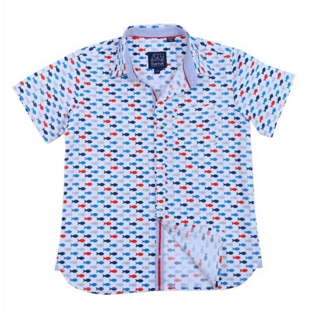 Til Tuk Kids Gone-Fishing Short Sleeve Button Down Shirt - size 7/8